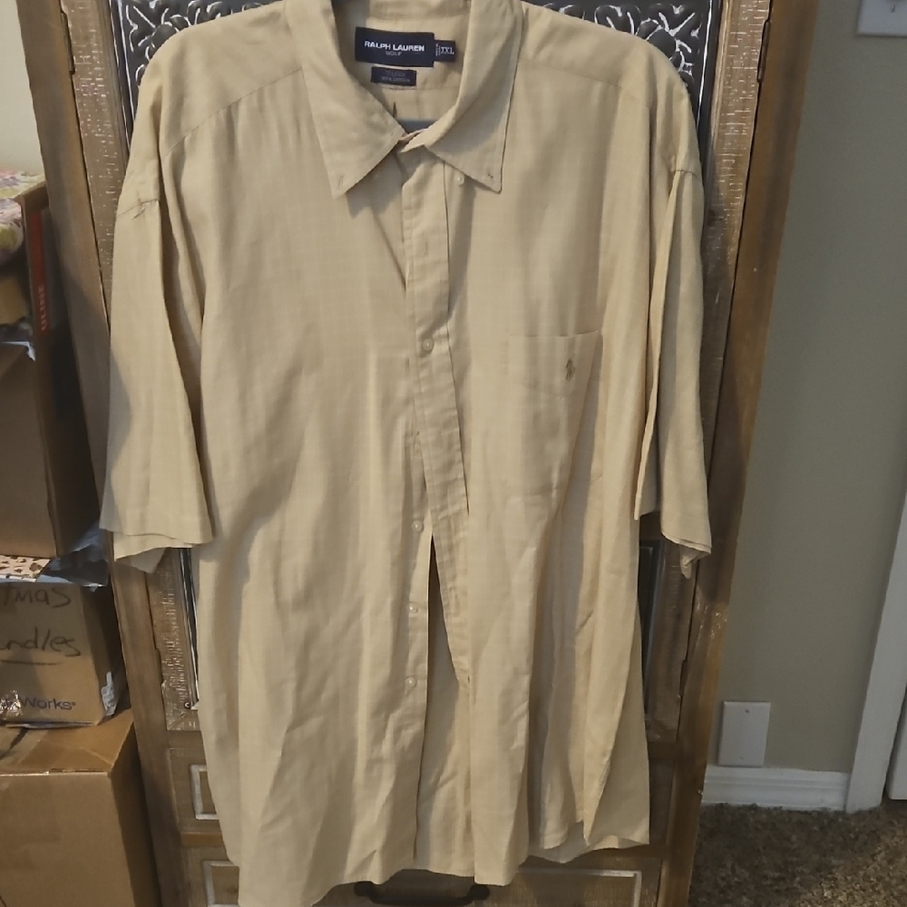 Ralph Lauren Men's Tan Button Down Shirt, Golf Shirt, Short Sleeves, Soft Fabric